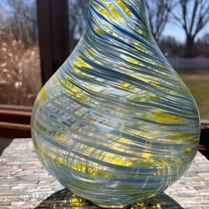 Handcrafted Swirled Glass Vase - Blue and Yellow